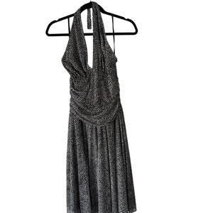 Y2K Dressbarn Halter Midi Dress Size 12‎ Black White Geometric Ruched 2000s